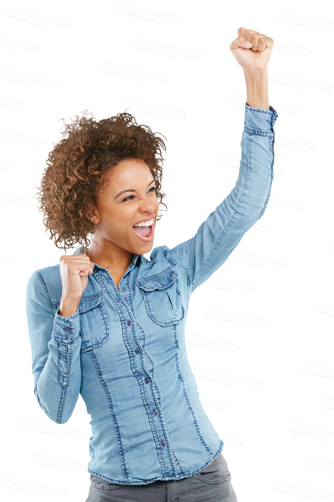 Buy stock photo Happy woman, fist and celebration for winning or success standing isolated on a transparent PNG background. Excited female person in win for achievement, bonus promotion or victory of winner in yes
