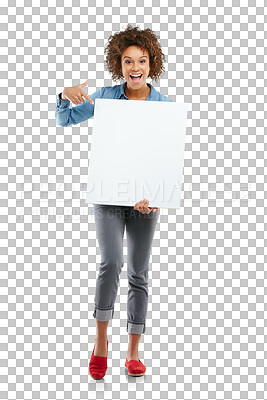 Buy stock photo Excited, woman and pointing at poster or paper mockup isolated on transparent, png background. African person portrait with empty banner for advertising promotion, announcement or presentation space