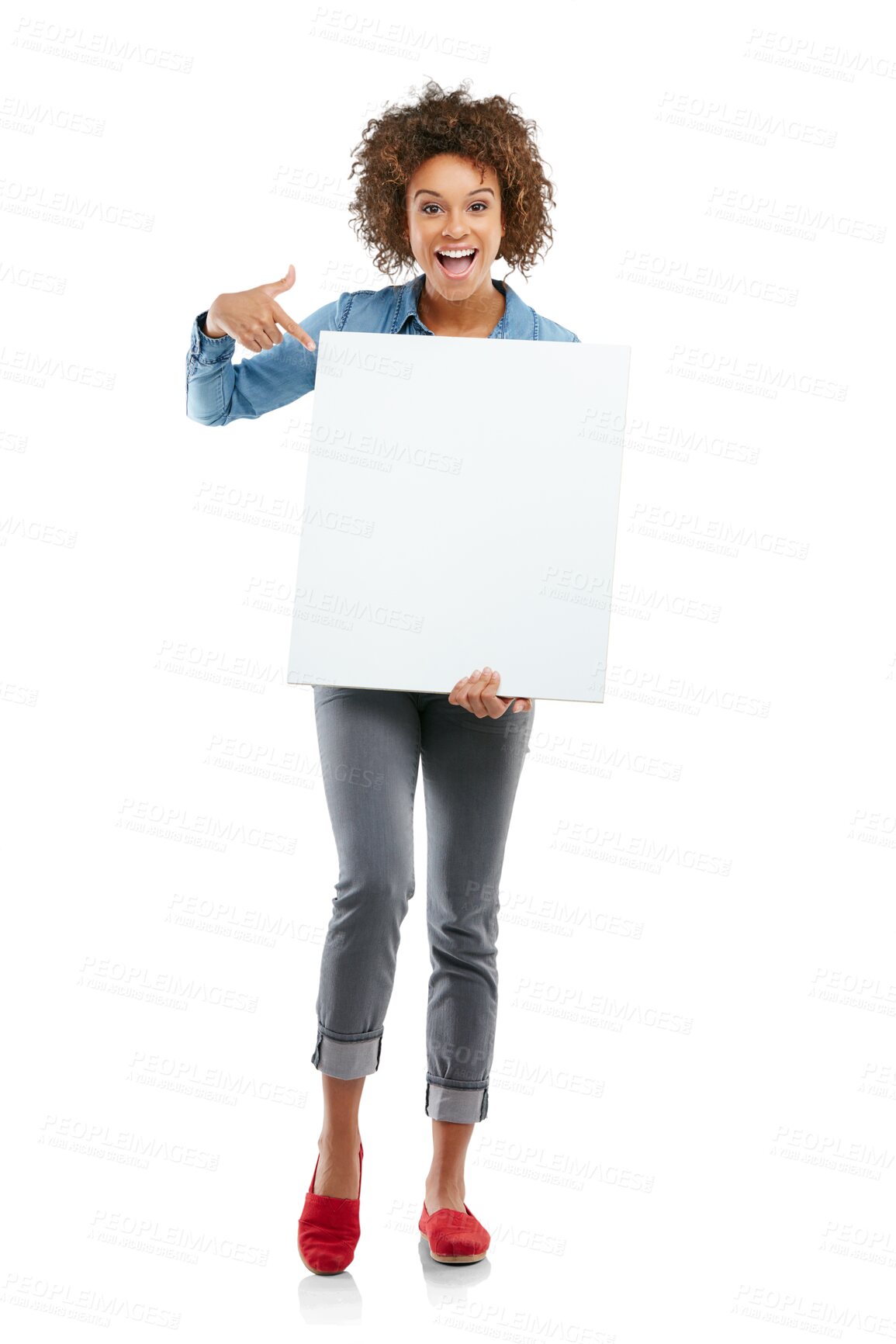 Buy stock photo Excited, woman and pointing at poster or paper mockup isolated on transparent, png background. African person portrait with empty banner for advertising promotion, announcement or presentation space