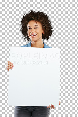 Buy stock photo Portrait, woman and poster or paper mockup isolated on transparent, png background. Happy person show banner, billboard or space for advertising promotion, logo or brand announcement opportunity
