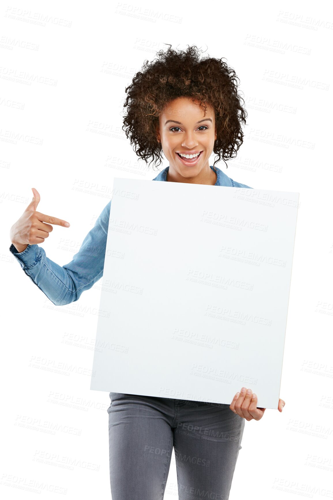 Buy stock photo Woman, portrait and pointing at poster or paper mockup isolated on transparent, png background. Happy person show banner, billboard or space for advertising promotion, logo or brand announcement