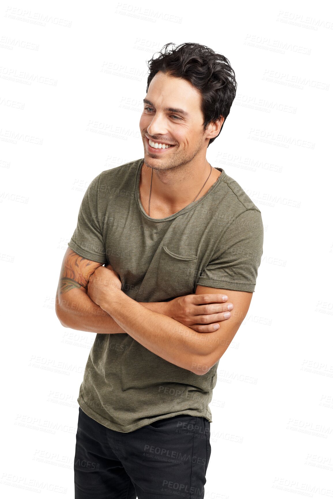 Buy stock photo Happy, fashion and casual with a man arms crossed isolated on a transparent background for trendy clothing style. Smile, clothes and relaxed with a handsome or confident young male model on PNG