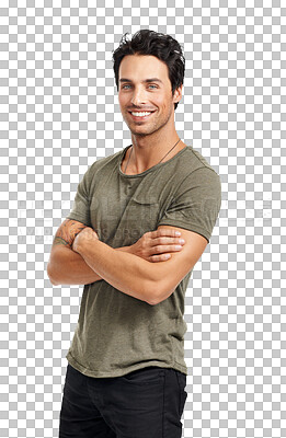 Buy stock photo Happy, handsome and portrait of a man with arms crossed for confidence and cool attitude in Spain. Smile, young and a person or male fashion model with style isolated on a transparent png background