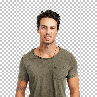 Buy stock photo Fashion style, portrait of a man with funny face isolated and against a transparent png background. Comedy or comic, humor or fun and young male person with facial expression for joke entertainment