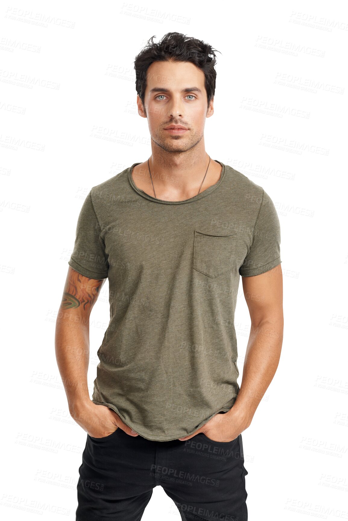 Buy stock photo Portrait, fashion and focus with a serious man isolated on a transparent background in a trendy clothes outfit. Clothing, style and a confident or handsome young male model from Italy posing on PNG