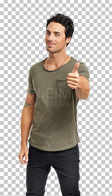 Buy stock photo Man with thumbs up, smile and agreement in portrait, thank you and feedback isolated on transparent png background. Like, congratulations and welcome with male person, review and hand gesture emoji