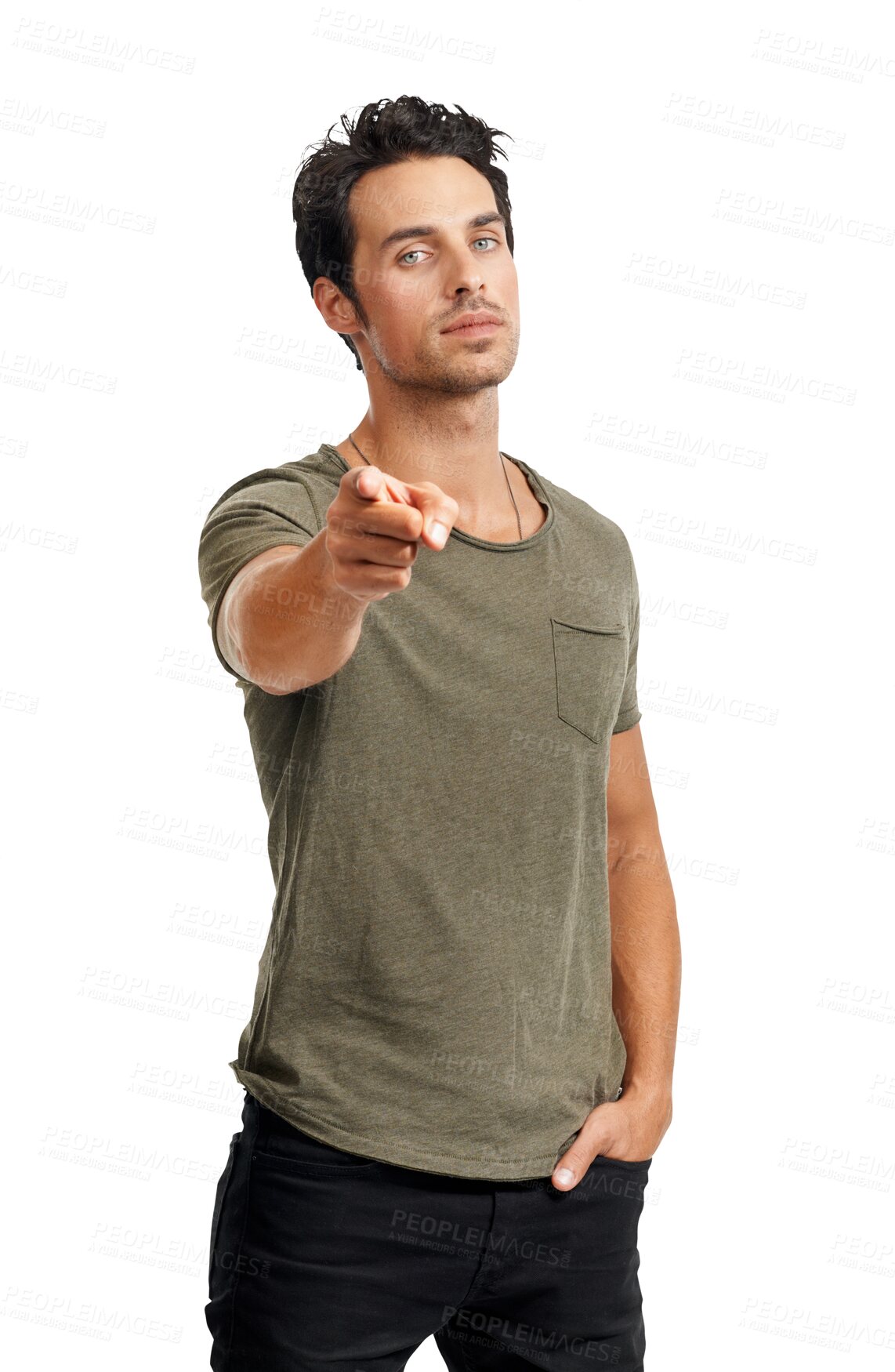 Buy stock photo Pointing finger, you and choice portrait of a man isolated on a transparent, png background. Casual fashion, motivation and male model person with hand sign or emoji for decision or accountability