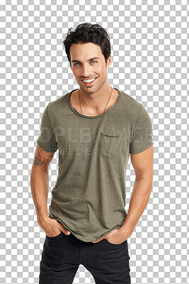 Buy stock photo Portrait, fashion and happy with a casual man isolated on a transparent background in a trendy clothes outfit. Clothing, smile and a confident or handsome young male model from Italy on PNG