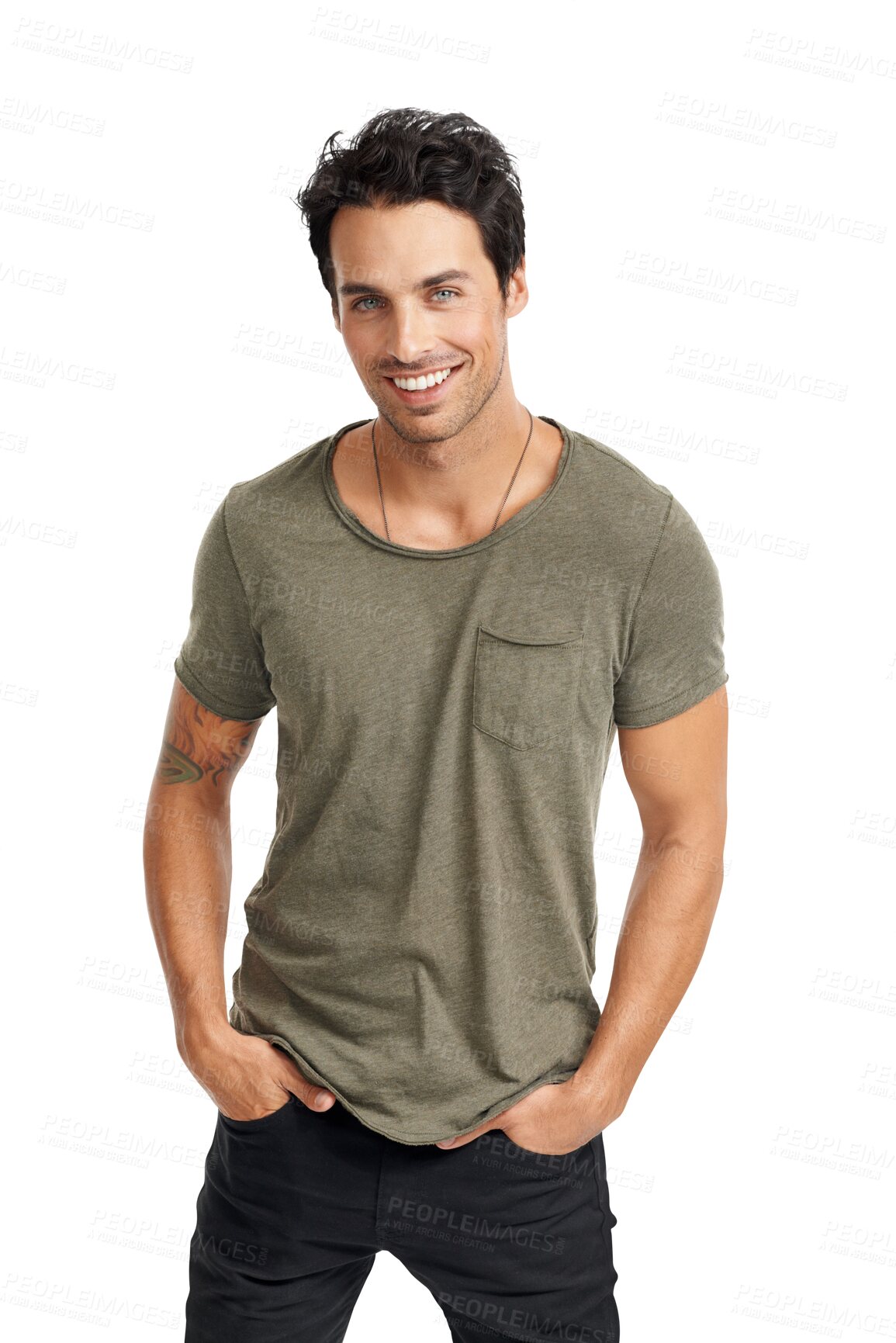 Buy stock photo Portrait, fashion and happy with a casual man isolated on a transparent background in a trendy clothes outfit. Clothing, smile and a confident or handsome young male model from Italy on PNG