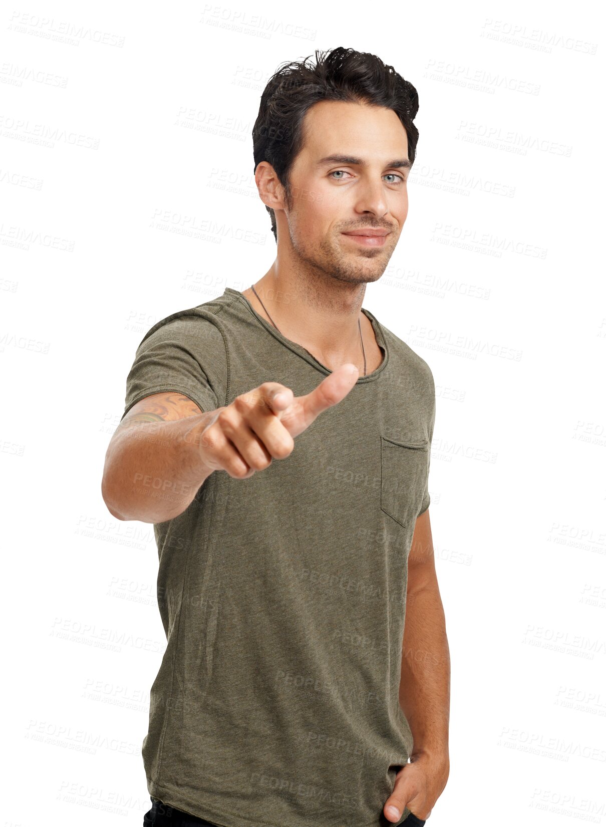 Buy stock photo Advertising, man and happy portrait pointing at you isolated on a transparent, png background. Casual fashion, motivation and male person with hand sign or emoji for choice, vote or announcement