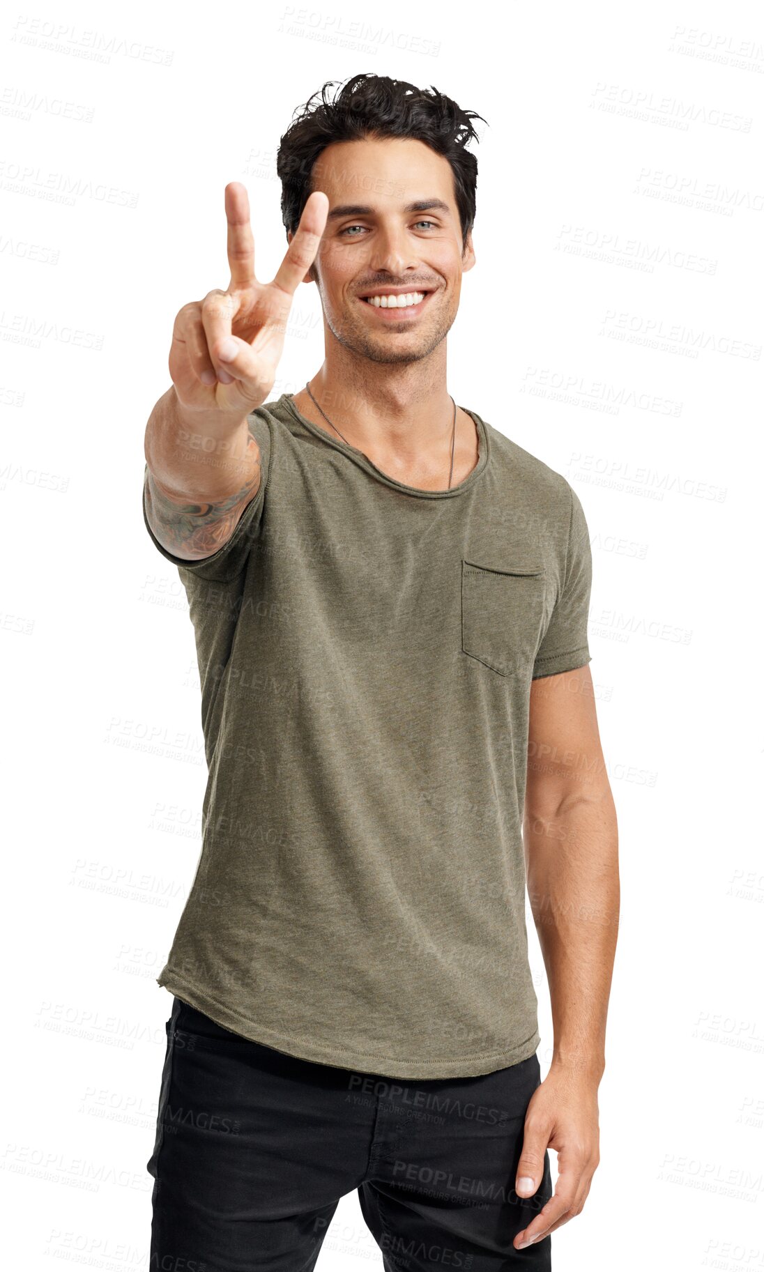 Buy stock photo Peace, cool and portrait of happy man with a number isolated on transparent png background. Smile, attitude and a person or fashion model showing an emoji hand or communication for v sign language