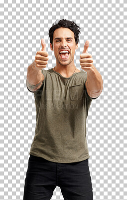 Buy stock photo Man with thumbs up, excited and agreement in portrait, thank you and success isolated on transparent png background. Crazy, positive energy and feedback with happy male person with hand gesture emoji