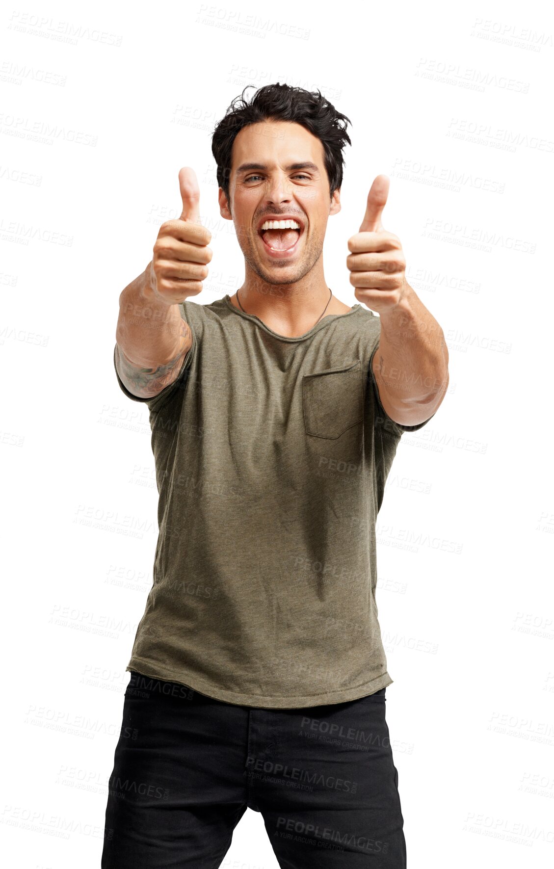 Buy stock photo Man with thumbs up, excited and agreement in portrait, thank you and success isolated on transparent png background. Crazy, positive energy and feedback with happy male person with hand gesture emoji