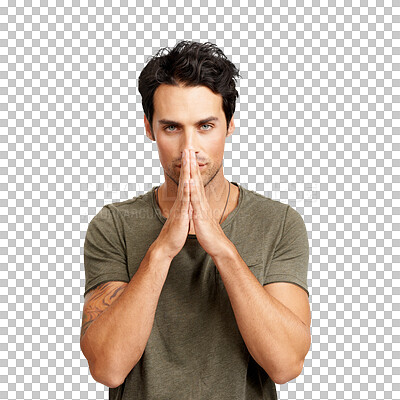 Buy stock photo Portrait, prayer hands and serious man isolated on a transparent png background. Face, praying and Christian person with hand for hope in religion, faith and praise, worship and asking God for help
