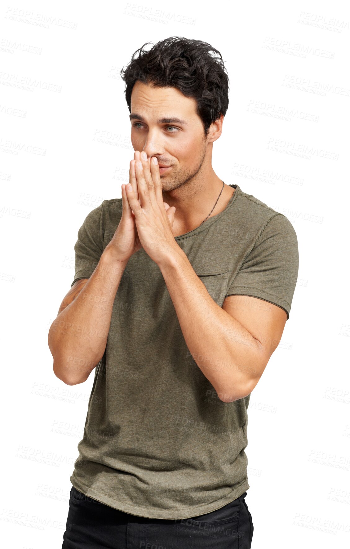 Buy stock photo Thinking, prayer hands and serious man isolated on a transparent png background. Spirit, praying and Christian person with hand for hope in religion, faith and praise, worship and asking God for help