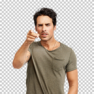 Buy stock photo Portrait, pointing and accuse with an angry man isolated on a transparent background for blame, conflict or fighting. Hand, accountability and anger with a frustrated male person looking mad on PNG