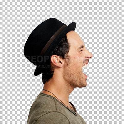 Buy stock photo Profile, fashion and shouting with a frustrated man isolated on transparent background to express emotion. Face, style and screaming with a angry young male person having an outburst in anger on PNG