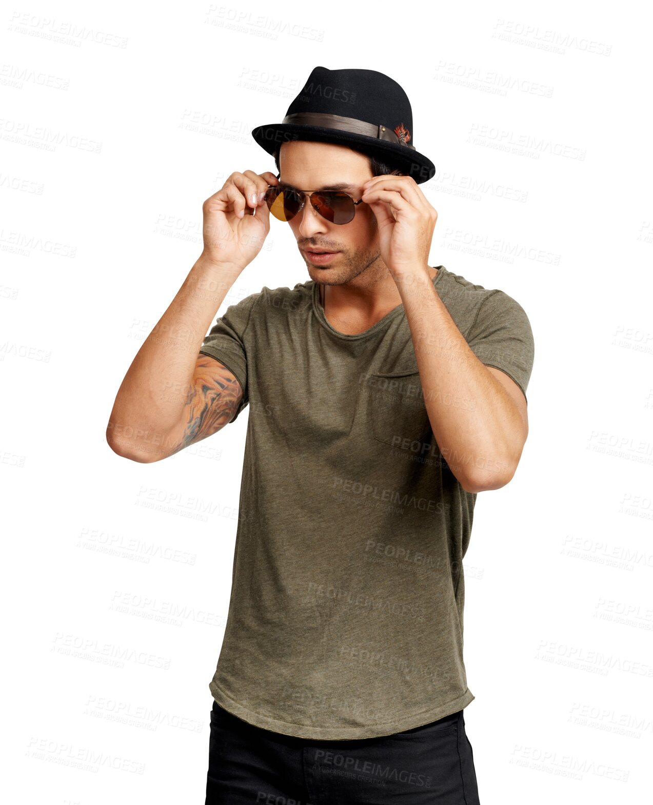 Buy stock photo Isolated man, thinking and sunglasses with hat, idea or edgy for memory by transparent png background. Young student guy, brainstorming or trendy in hipster fashion, remember or future vision in life