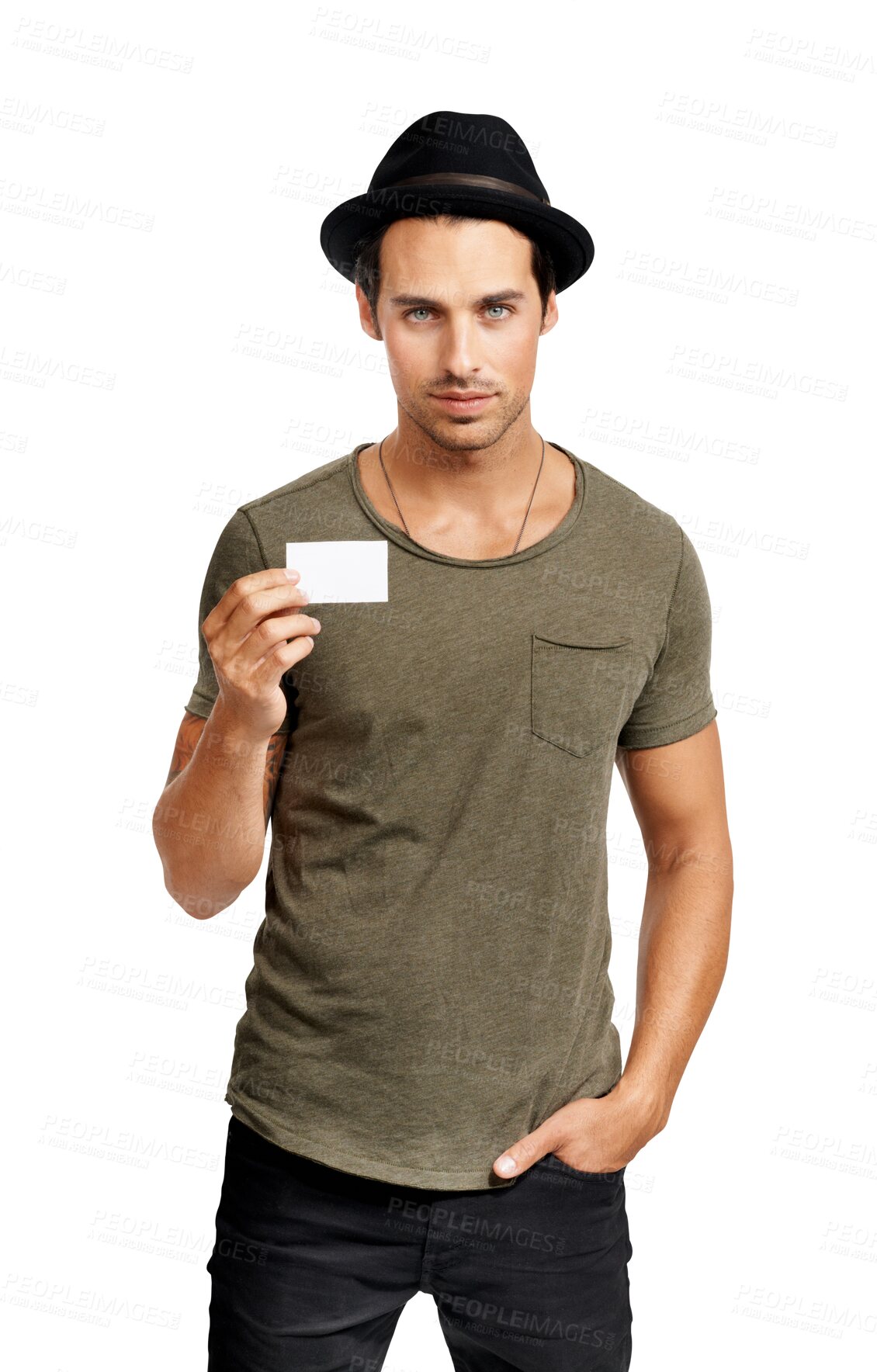 Buy stock photo Serious man, portrait and business card in advertising standing isolated on a transparent PNG background. Male person or model with small poster, billboard or sign in casual clothing or advertisement