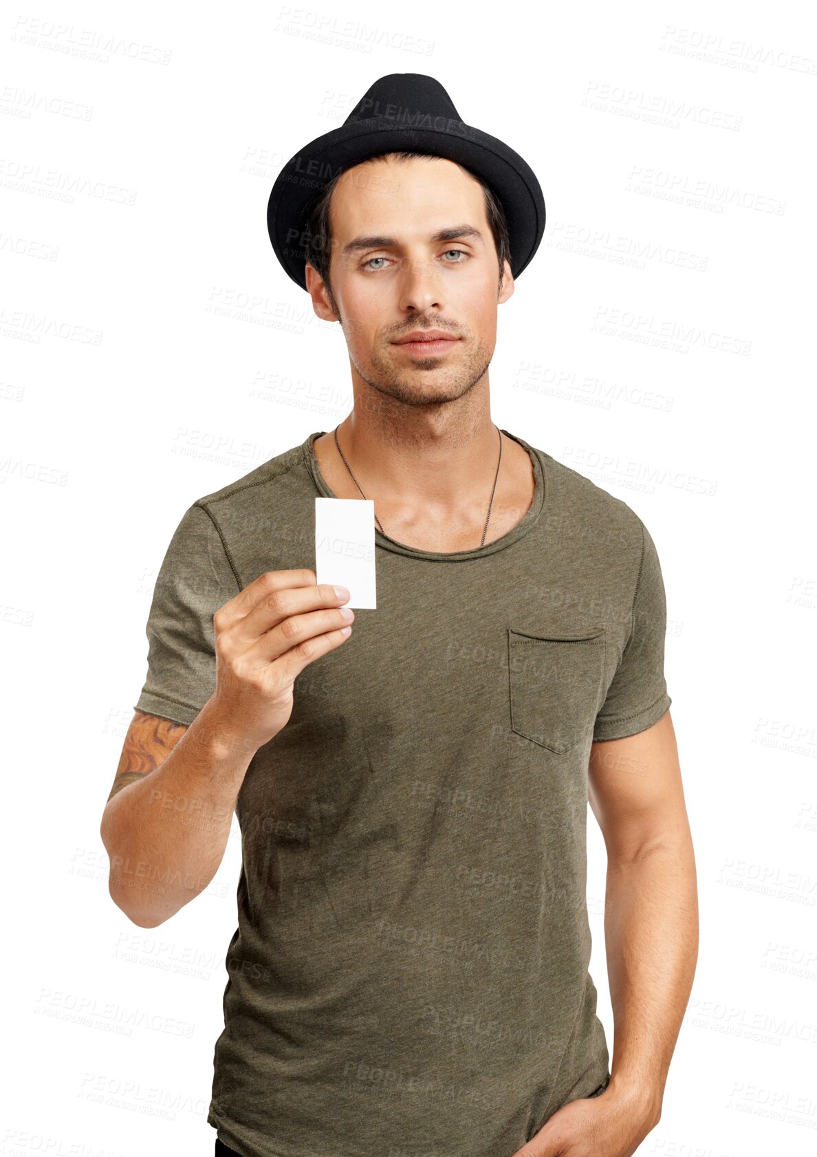 Buy stock photo Serious man, portrait and poster card for advertising standing isolated on a transparent PNG background. Male person or model with small paper, billboard or sign in casual clothing for advertisement