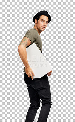 Buy stock photo Isolated student man, blank poster and portrait with mockup space by transparent png background. Young guy, hipster fashion and model with billboard, mock up and promotion for opinion, voice or vote