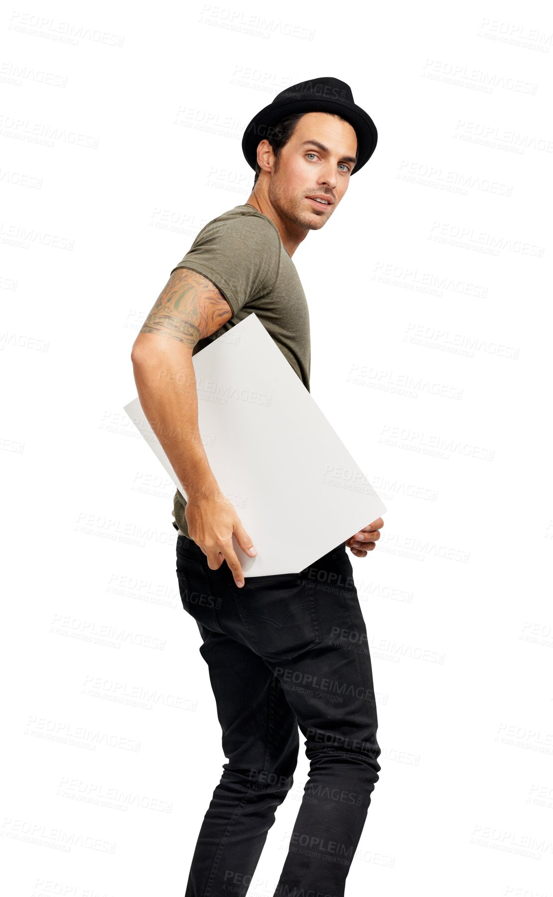 Buy stock photo Isolated student man, blank poster and portrait with mockup space by transparent png background. Young guy, hipster fashion and model with billboard, mock up and promotion for opinion, voice or vote