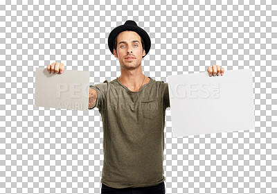 Buy stock photo Mockup board, branding and portrait of a man with paper for information, announcement or advertising. Serious, marketing and a designer with a blank sign isolated on a transparent png background