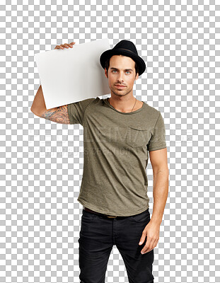 Buy stock photo Portrait, man and holding poster for advertisement or fashion with png or isolated or transparent background. Hipster, protest and mockup for sign with advertising and branding and promotion.