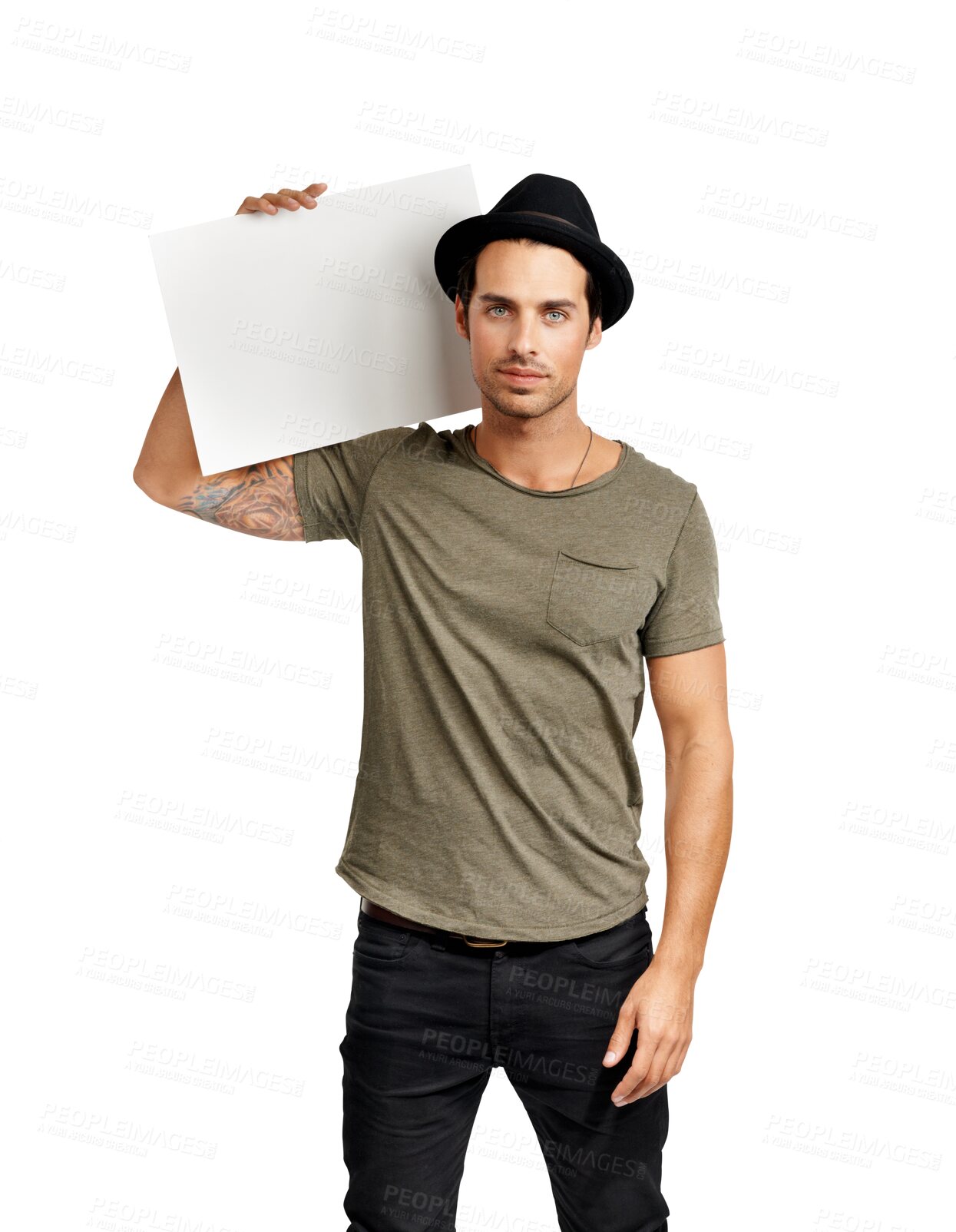 Buy stock photo Portrait, man and holding poster for advertisement or fashion with png or isolated or transparent background. Hipster, protest and mockup for sign with advertising and branding and promotion.