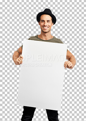 Buy stock photo Happy man, billboard and sign for advertising or marketing standing isolated on a transparent PNG background. Portrait of male person with smile, blank poster or placard on mockup for advertisement