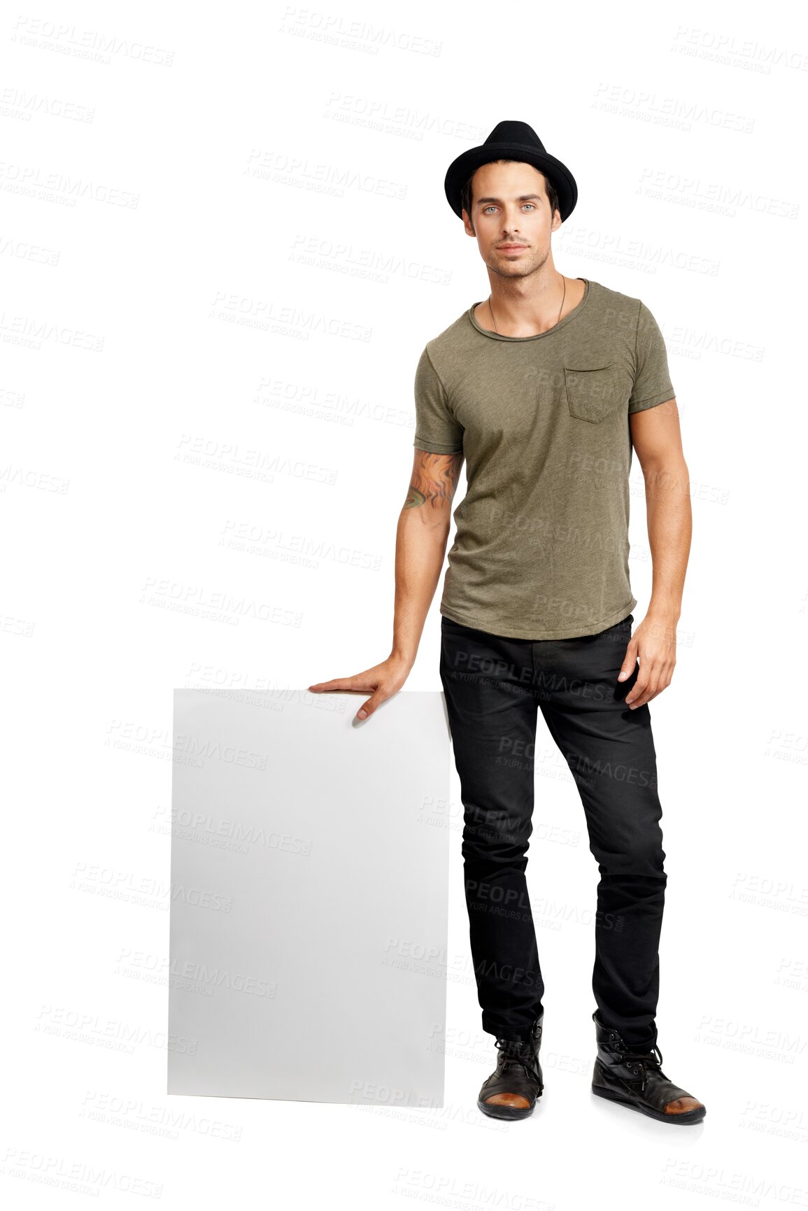 Buy stock photo Young man, portrait and standing with billboard for advertising isolated on a transparent PNG background. Male person or model in casual clothing leaning on poster, sign or placard for advertisement