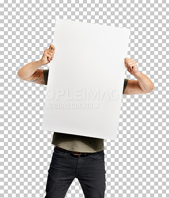 Buy stock photo Person, hands and billboard for advertising on mockup standing isolated on a transparent PNG background. Man covering face with blank poster, empty sign or placard for advertisement or copy space