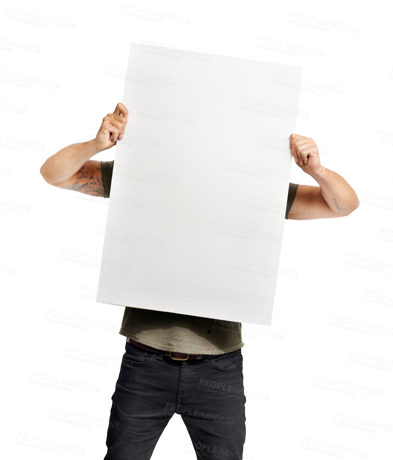 Buy stock photo Person, hands and billboard for advertising on mockup standing isolated on a transparent PNG background. Man covering face with blank poster, empty sign or placard for advertisement or copy space