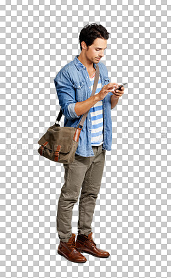 Buy stock photo Chat, social media and man with a phone for communication, contact and notification. App, web and a young male student with a mobile for an online conversation isolated on transparent png background