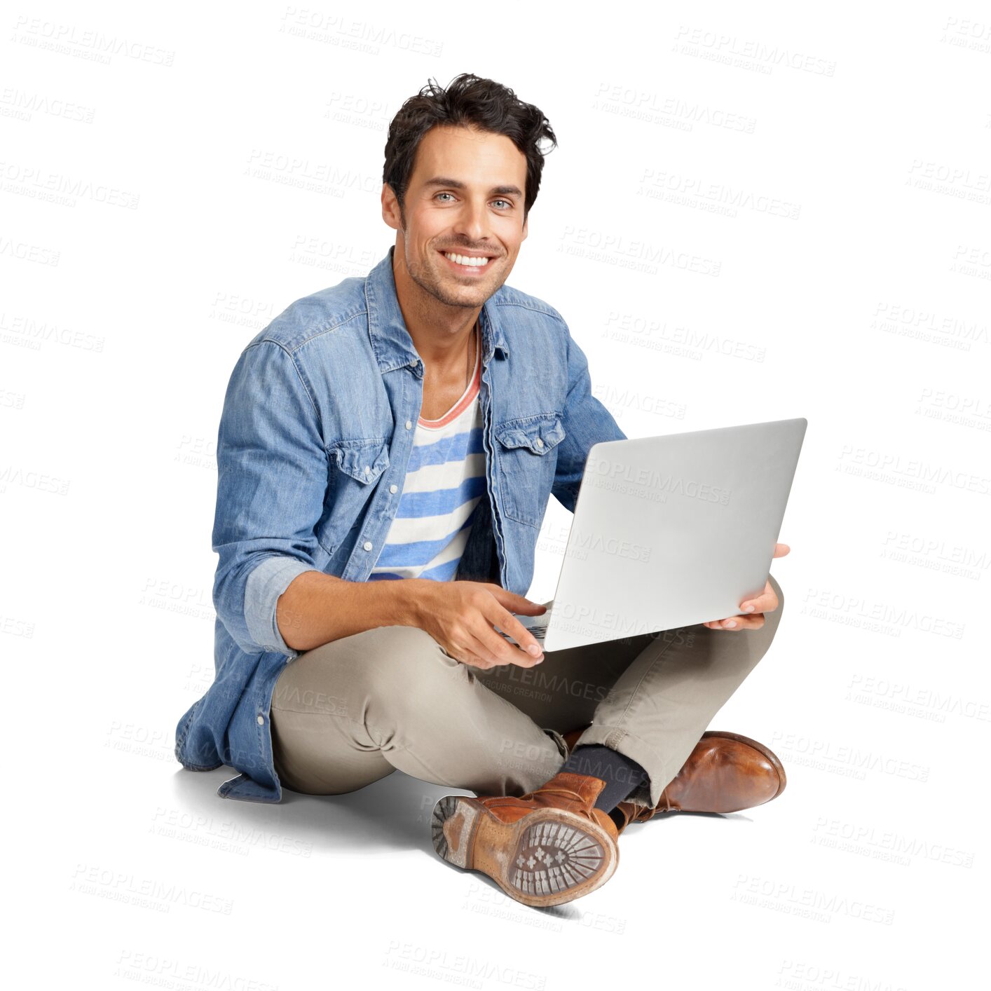 Buy stock photo Laptop, internet and happy portrait of a man isolated on a transparent, png background. Male model person with computer or technology for student research, social media or reading email and elearning
