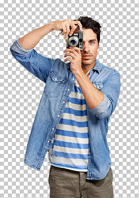 Buy stock photo Portrait, photographer and camera with a man isolated on transparent background for photography in retro style. Fashion, art and creative with a young male person taking a catalog photograph on PNG