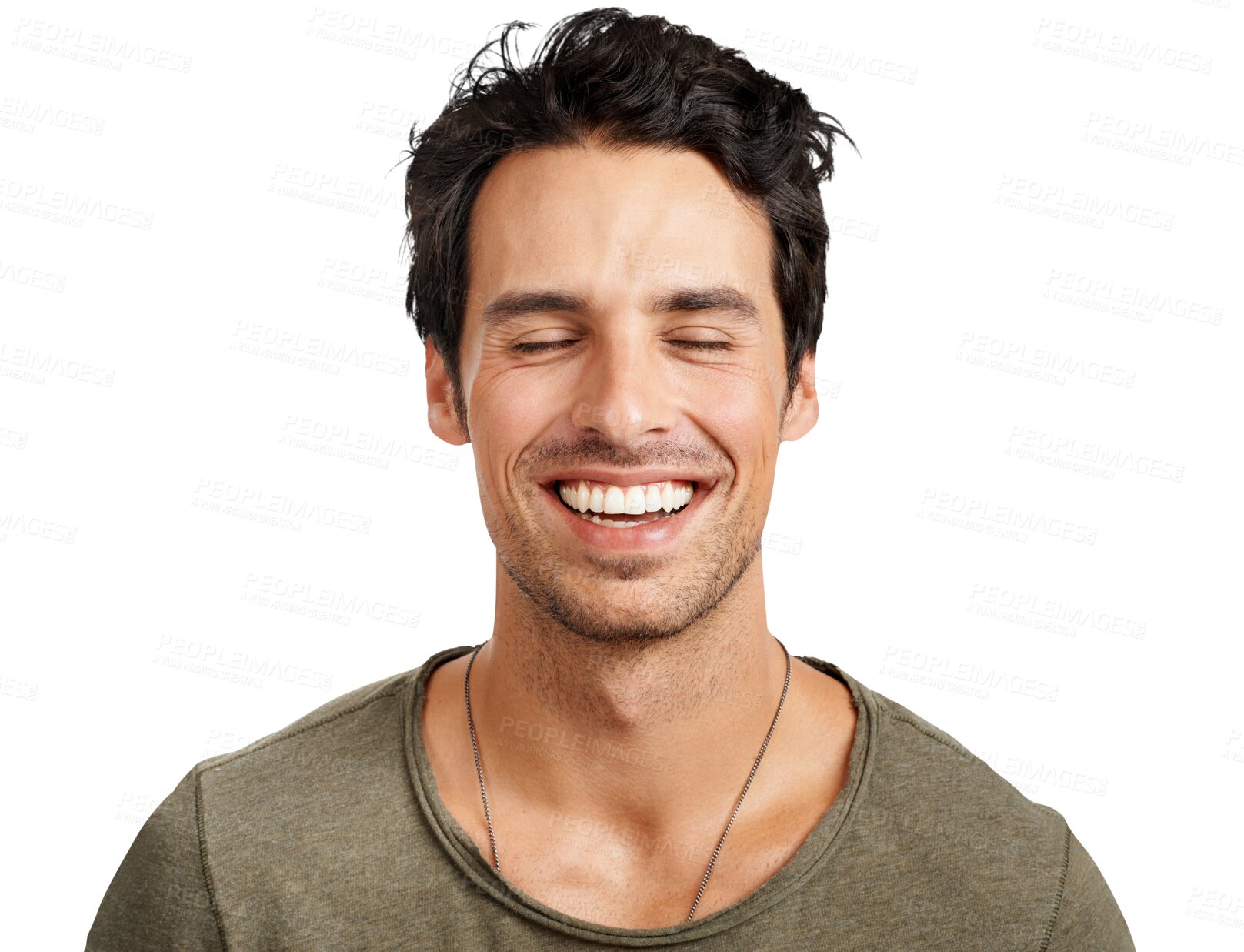 Buy stock photo Isolated man, eyes closed and happy with thinking, ideas and memory by transparent png background. Young student guy, brainstorming and imagine with smile, remember or excited for future vision