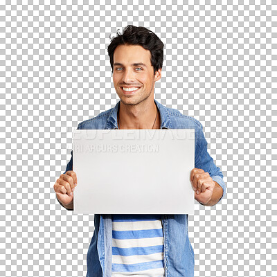 Buy stock photo Happy man, portrait smile and billboard for advertising standing isolated on a transparent PNG background. Male person or model posing with blank poster, sign or placard on mockup for advertisement
