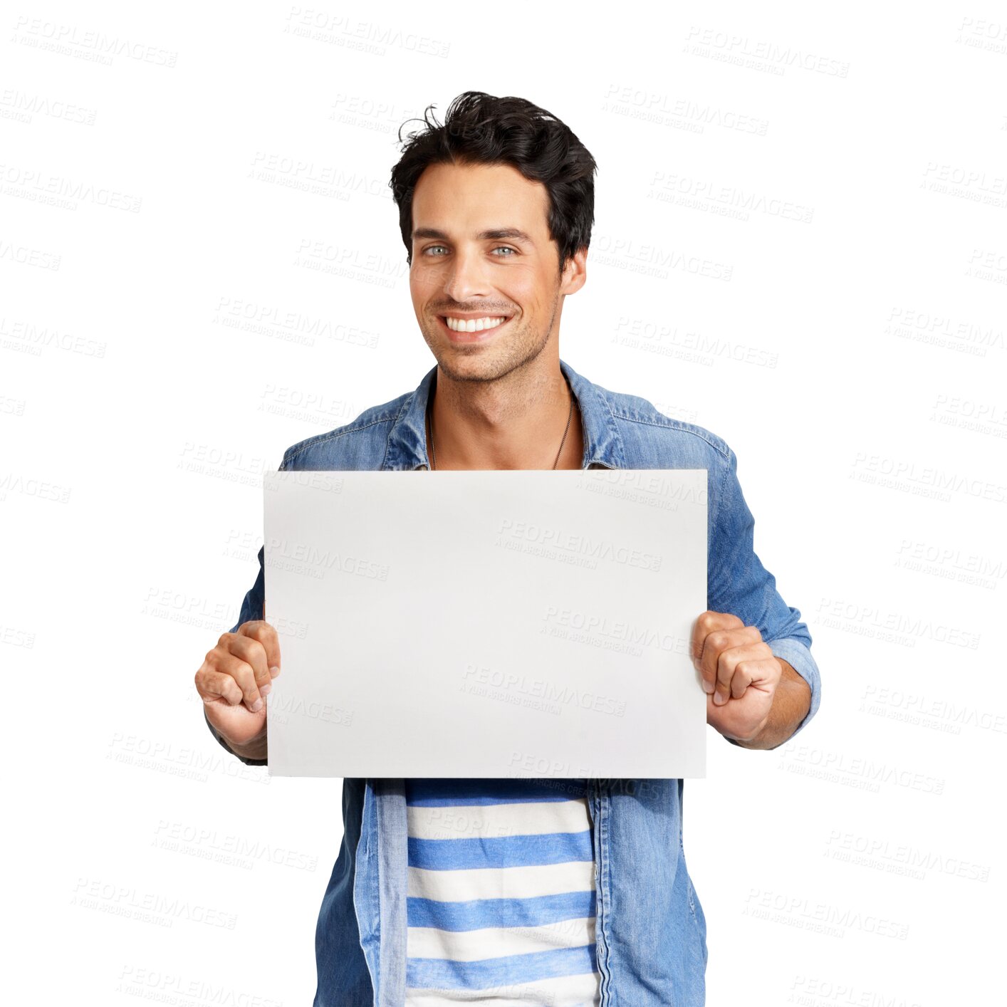 Buy stock photo Happy man, portrait smile and billboard for advertising standing isolated on a transparent PNG background. Male person or model posing with blank poster, sign or placard on mockup for advertisement