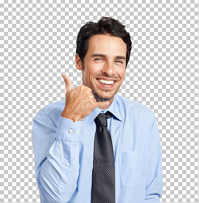 Buy stock photo Contact us, phone hand gesture and portrait of businessman isolated on transparent png background. Communication, networking and happy man with call me sign, hands and crm business connection.