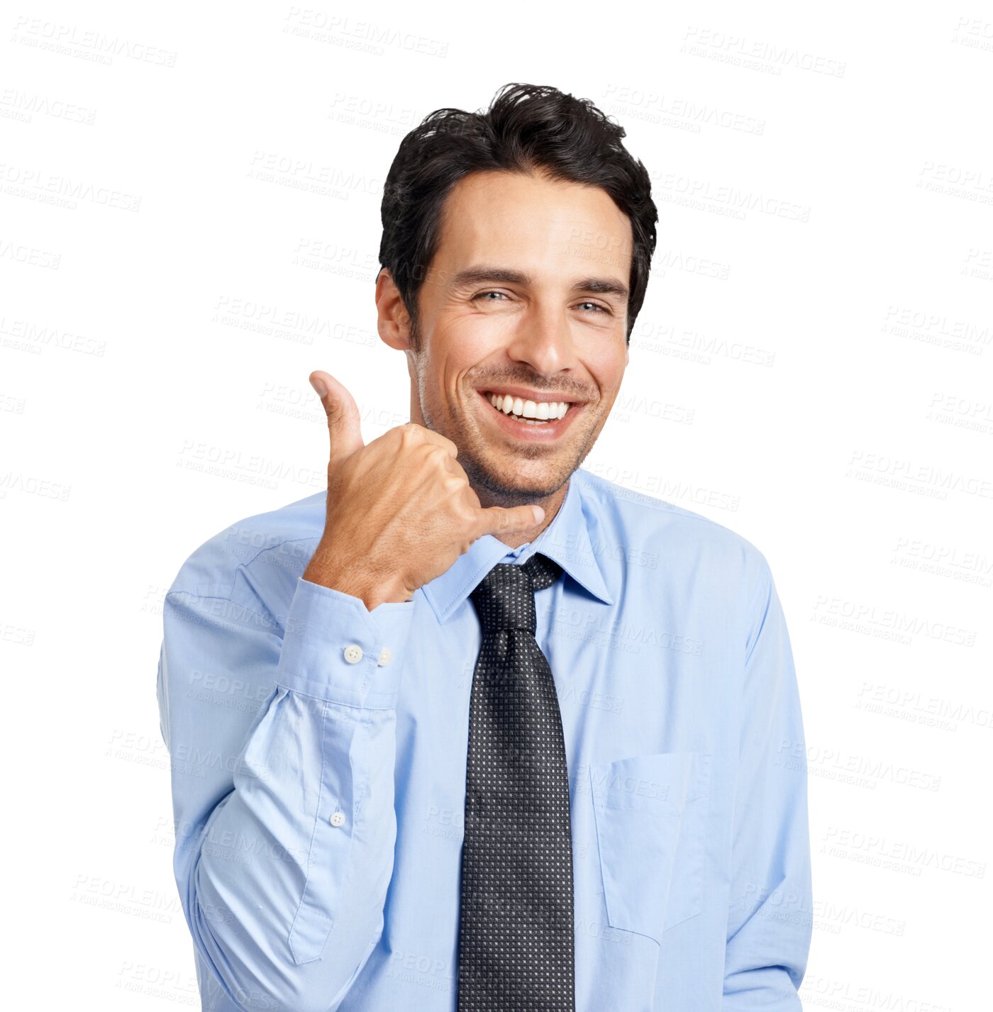 Buy stock photo Contact us, phone hand gesture and portrait of businessman isolated on transparent png background. Communication, networking and happy man with call me sign, hands and crm business connection.
