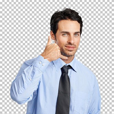 Buy stock photo Business, phone call and hand gesture in portrait of man isolated on transparent png background for communication. Telecom, networking or businessman consultant with calling sign hands and connection