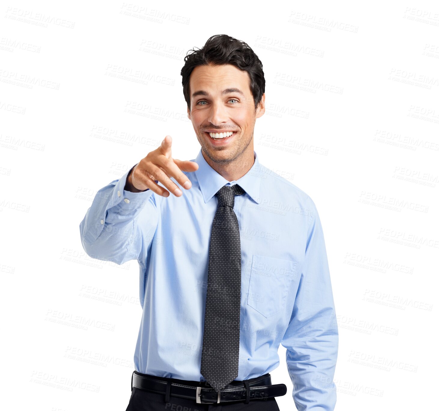 Buy stock photo Portrait, pointing and decision with a business man isolated on a transparent background to vote for an option. Hand, happy or recruitment with a male employee on PNG to select you for opportunity