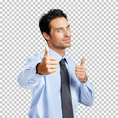 Buy stock photo Thumbs up, business man and portrait in okay, like and winning or support, thank you and yes sign. Face of corporate person or winner, success hands or good job isolated on transparent png background