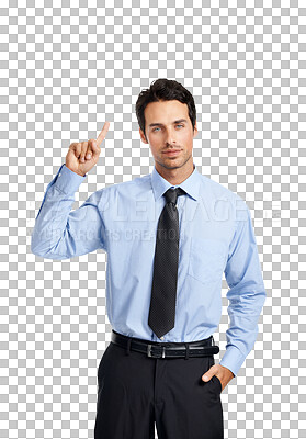 Buy stock photo Portrait, pointing and information with business man isolated on transparent background to show decision. Hand, serious or focus with a male employee on PNG for presentation of corporate announcement
