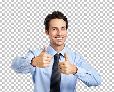 Buy stock photo Thumbs up, corporate man and portrait in okay, like and winning or support, thank you and yes sign. Face of happy business person with success hands or good job isolated on transparent png background