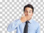 A shocked businessman with his hand over his mouth isolated on a png background
