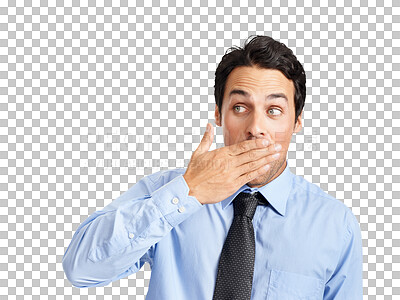 Buy stock photo Shock, surprise and man with gossip or news with omg, wow or wtf facial expression. Amazing, professional and businessman with hand over mouth for oops gesture isolated by transparent png background.