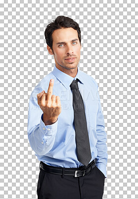 Buy stock photo Professional man, middle finger and rude hand gesture, angry with conflict isolated on transparent png background. Sign, emoji and male person fed up with negative attitude and serious in portrait
