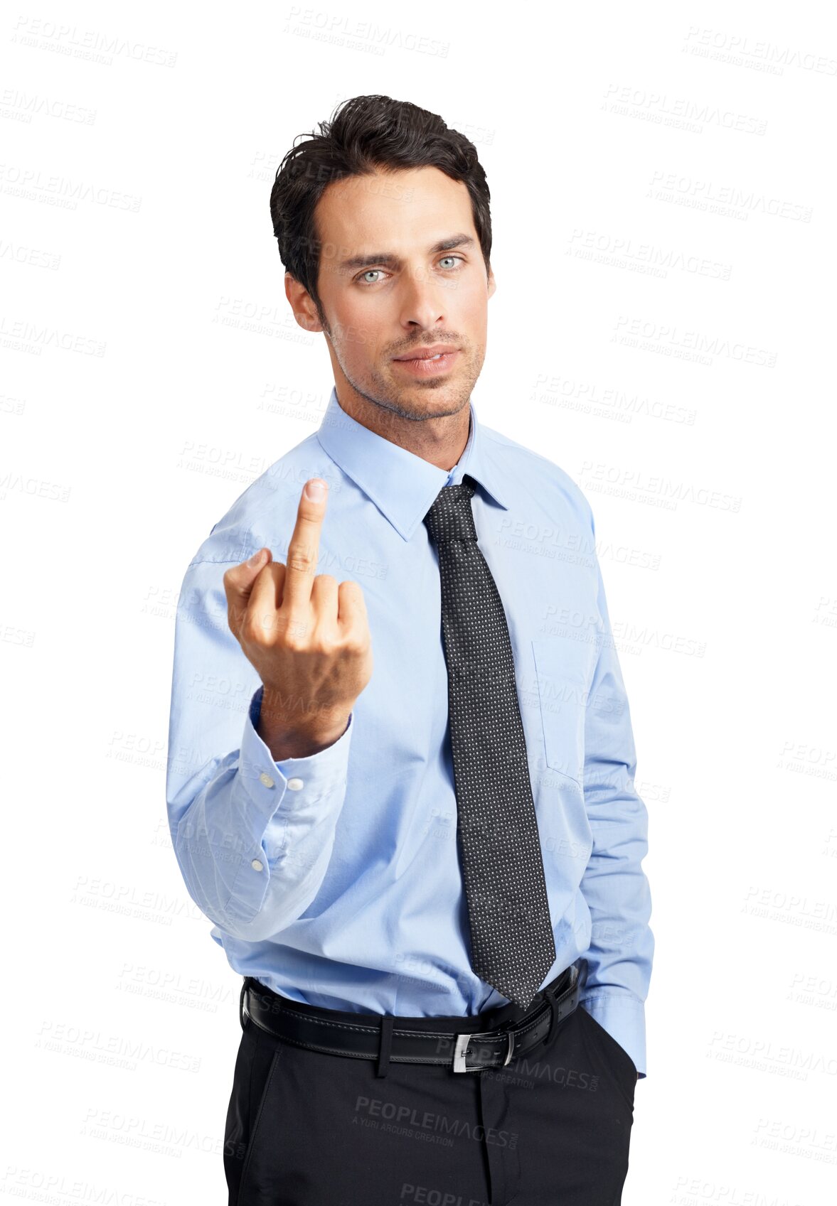 Buy stock photo Professional man, middle finger and rude hand gesture, angry with conflict isolated on transparent png background. Sign, emoji and male person fed up with negative attitude and serious in portrait